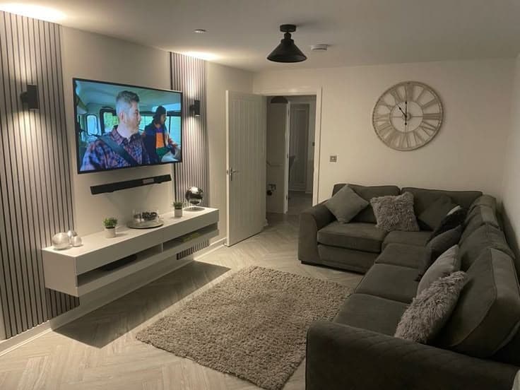 Urban Minimalist Living Room Set (Charcoal Sectional & White Floating Console)