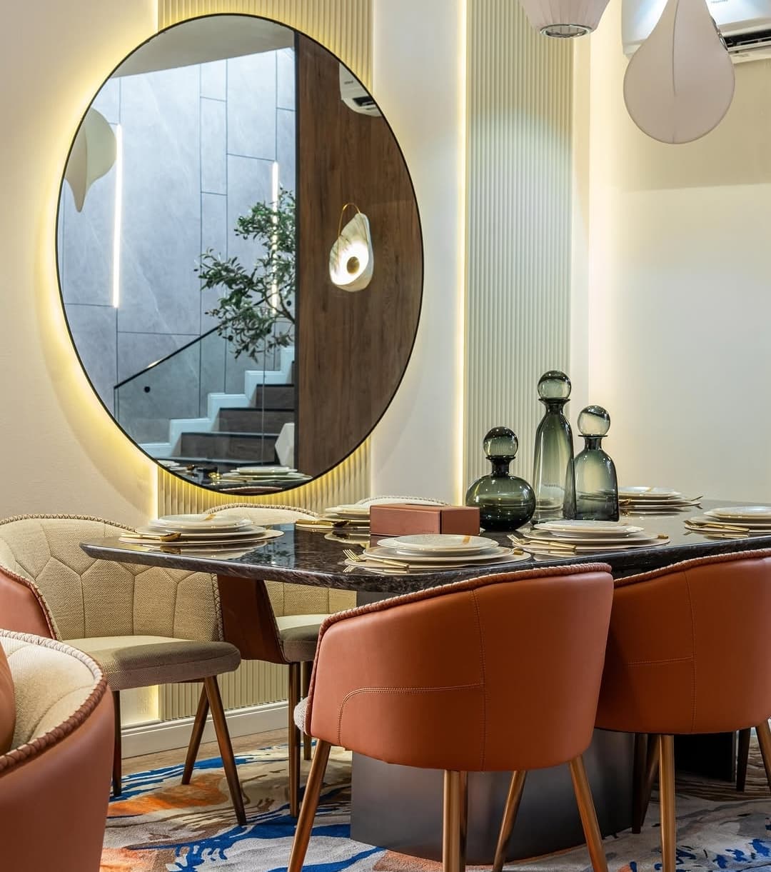 Luxury Dining Set with LED Mirror Accent Wall