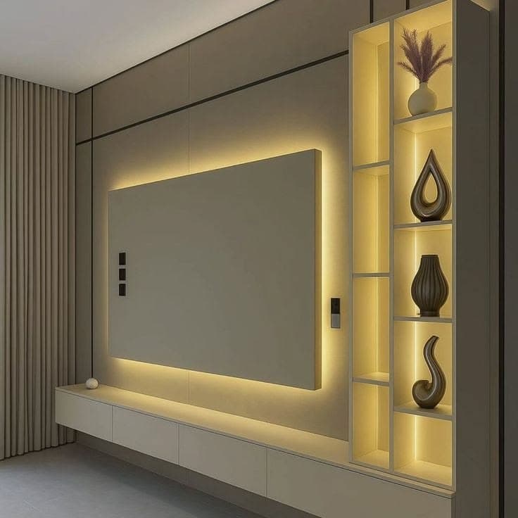 Modern LED TV Feature Wall with Display Shelving