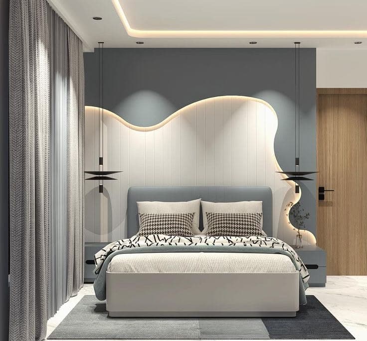 Modern Upholstered Bed with LED Wave Headboard