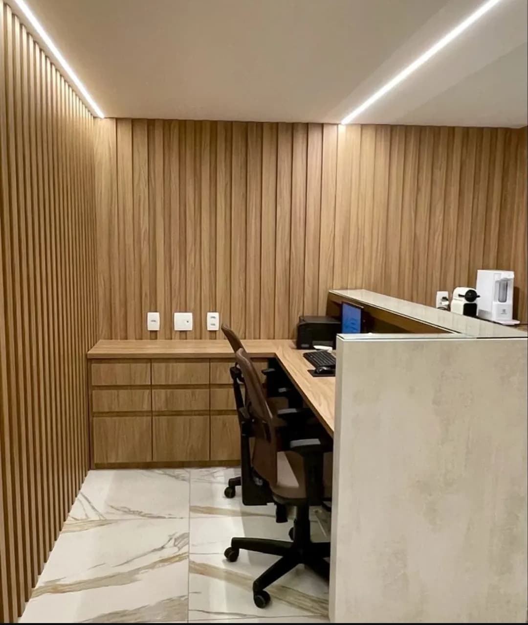 Executive Reception Desk with Fluted Wood Wall Panels