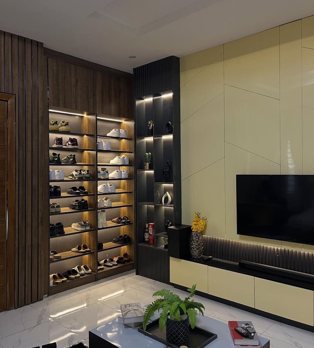Luxury TV Console & Illuminated Shoe Display Wall