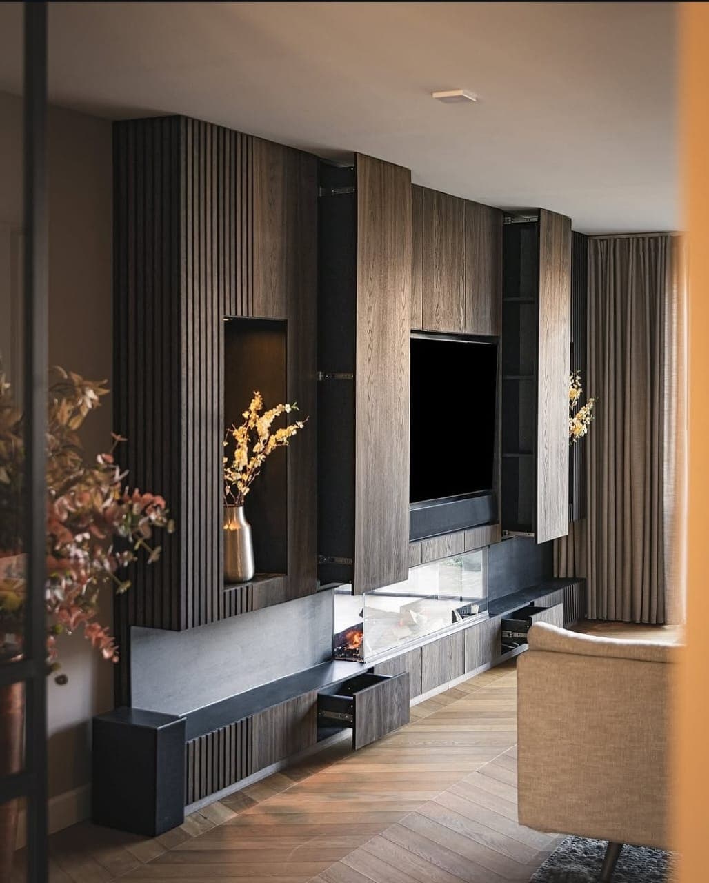 Luxury Wood Slat Entertainment Wall with Integrated Fireplace