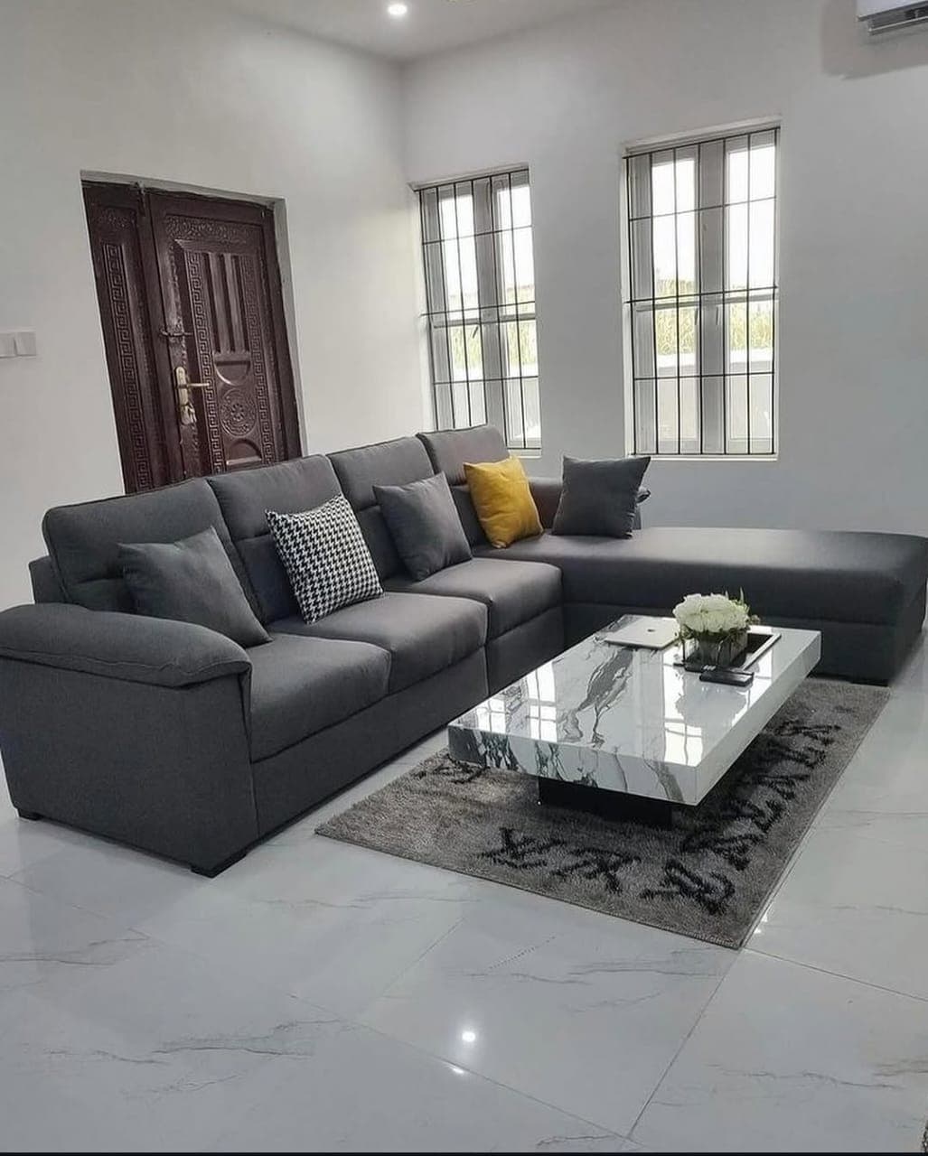 L-Shaped Lounge Sofa & Marble Coffee Table Set